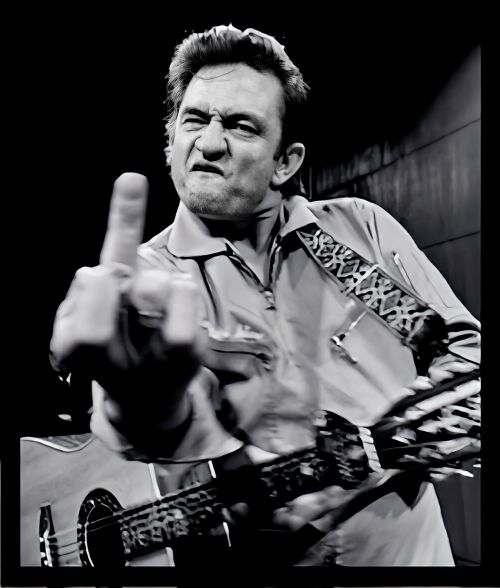 Johnny Cash expressing himself in clear and unmistakable terms, giving the finger