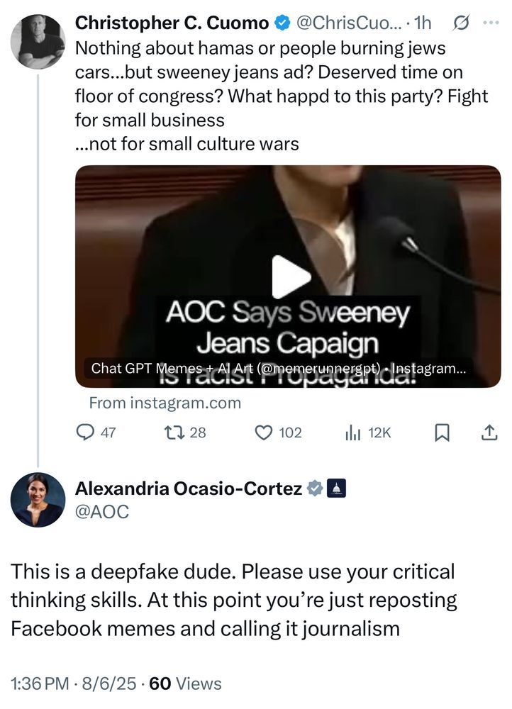 Chris Cuomo call out AOC and she points out he's getting mad at an AI fake video