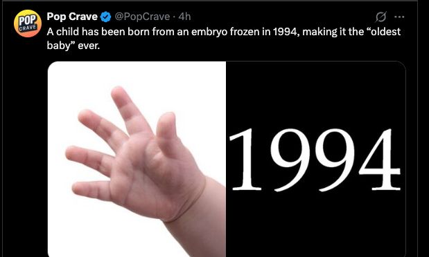 A child has been born from an embryo frozen in 1994, making it the “oldest baby” ever.