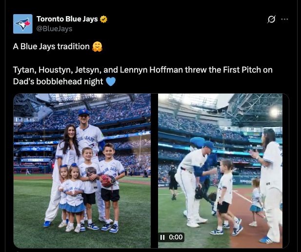 Toronto Blue Jays
@BlueJays
A Blue Jays tradition 🤗

Tytan, Houstyn, Jetsyn, and Lennyn Hoffman threw the First Pitch on Dad's bobblehead night 💙