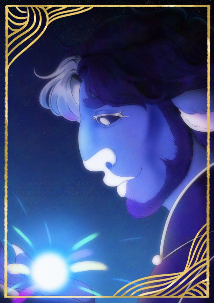 A dark blue firgbolg gazing down at the fallen star in his hands.