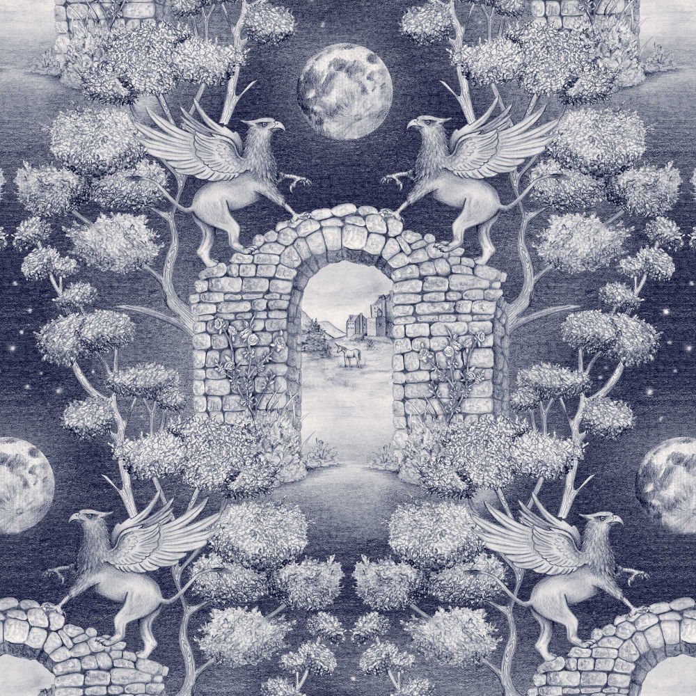 A navy blue and white toile-inspired design featuring two griffins facing each other on top of a crumbling stone archway. Trees frame the scene, with a moon and stars above. Through the archway, you can see a unicorn and a distant castle.