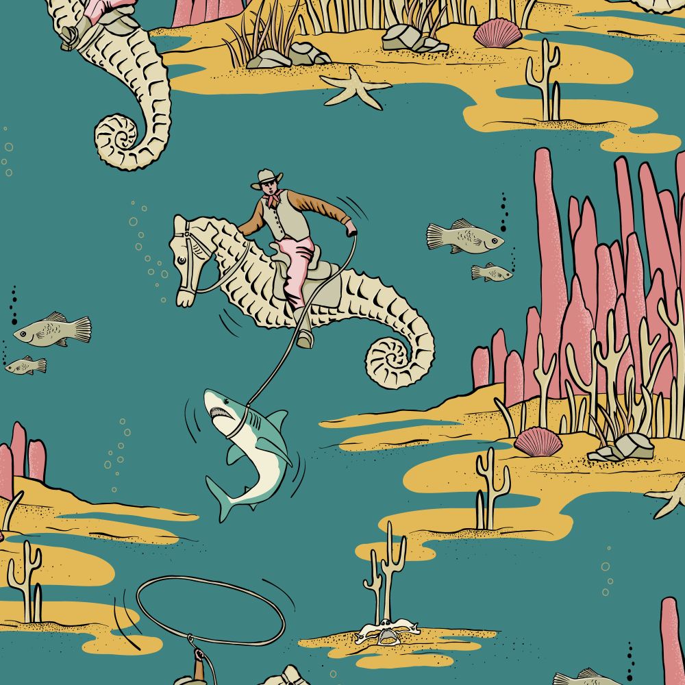A cartoon pattern with a cowboy on a seahorse roping a shark. The background has yellow sand and pink coral with teal water.