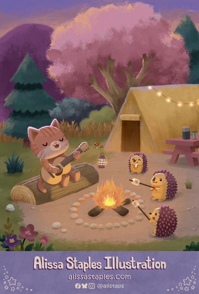 A cute digital illustration of a cat and three hedgehogs sitting by a campfire, with a tent and trees in the background. The sun has started to set and the hedgehogs are roasting marshmallows. The cat sits on a log, playing a guitar and singing. 