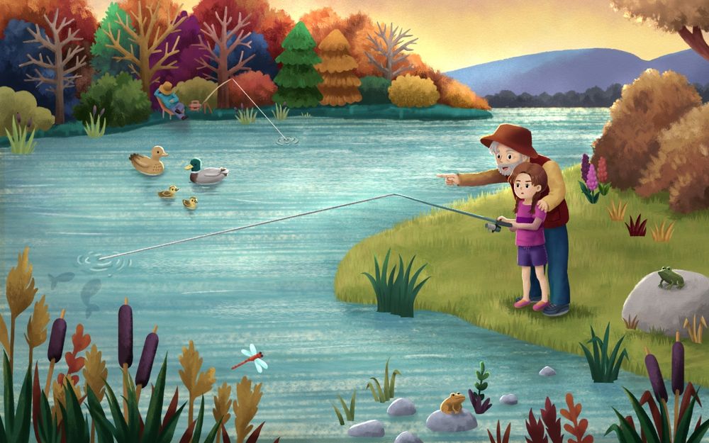 A picture book-like digital illustration of a girl and her grandfather standing next to a lake at the golden hour. The girl is fishing, and her grandfather points to where the fish are. A family of ducks are on the lake, and the surrounding trees and foliage are orange and gold-tinted. A fisherman naps in the background, and frogs and a dragonfly are among the plants in the foreground.