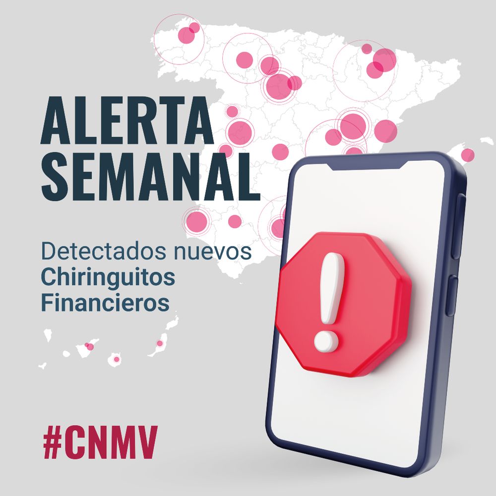 Alerta semanal de la CNMV: nuevos chiringuitos financieros detectados en España. Imagen de un smartphone con un icono hexagonal de advertencia sobre un mapa de España.
