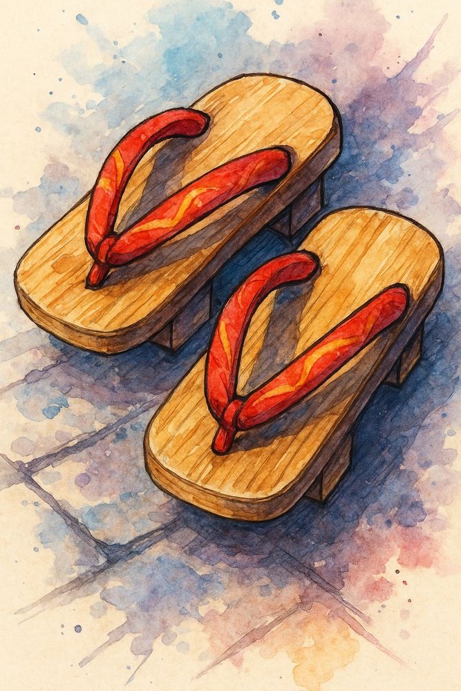 A watercolor-style illustration of traditional Japanese geta sandals with wooden soles and vibrant red straps. The sandals are placed on a soft, stone-like surface with a dreamy background in shades of blue, purple, and pink, evoking a serene and nostalgic atmosphere