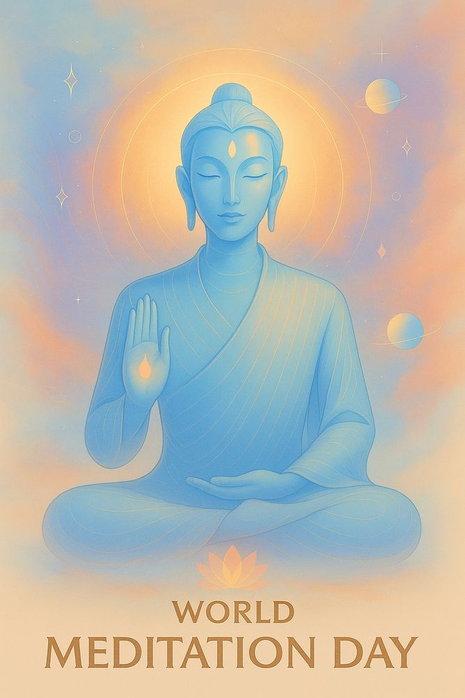 A serene digital illustration of an androgynous Buddha in a meditative pose, celebrating World Meditation Day. The figure is bathed in soft, ethereal hues of pastel blue, peach, and lavender, evoking a calming, dreamlike atmosphere. The Buddha sits cross-legged with one hand raised in a peaceful gesture, the other resting in their lap. A glowing halo surrounds the head, and soft cosmic elements like planets and stars float gently in the background. Below, the text reads “World Meditation Day” with a stylized lotus symbol.