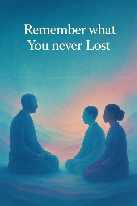 Netzbuddhist - A teacher and two students sit in meditation beneath the words “Remember what You never Lost,” set against a glowing, dreamlike gradient with soft geometric lines.