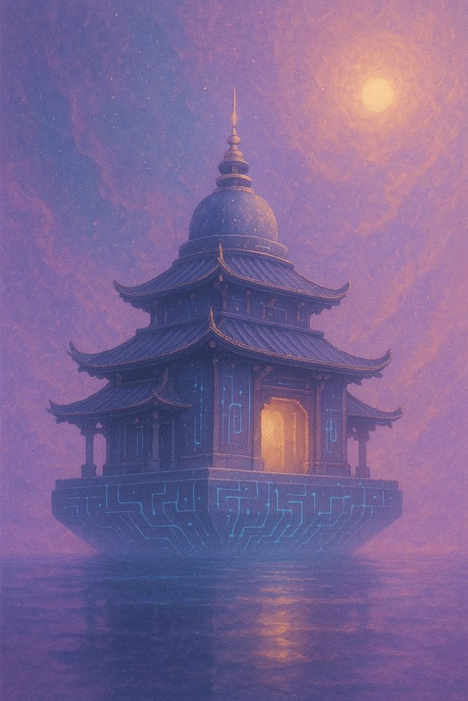 Netzbuddhist Digital Temple. A glowing temple with curved rooftops floats above calm water under a soft, celestial sky. The structure blends ancient Asian architecture with digital patterns that pulse with light. Warm light shines from its entrance, while stars shimmer in the dreamlike, purple-toned atmosphere.