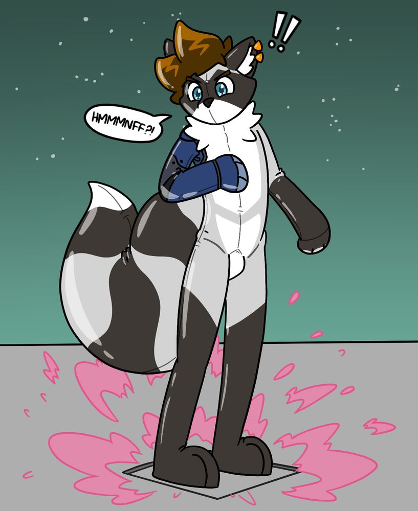 Remy, an anthropomorphic raccoon with white and grey fur, brown hair and a blue robot arm, steps on a tile on the floor, which sinks down. A pink cloud of dust erupts around Remy’s feet, revealing that they have instantly transformed into a rubber version of themself with no mouth, digitless paws, and a smooth, shallow bulge in place of their genitals. They attempt to speak through their sealed mouth, but only manage a muffled grunt.