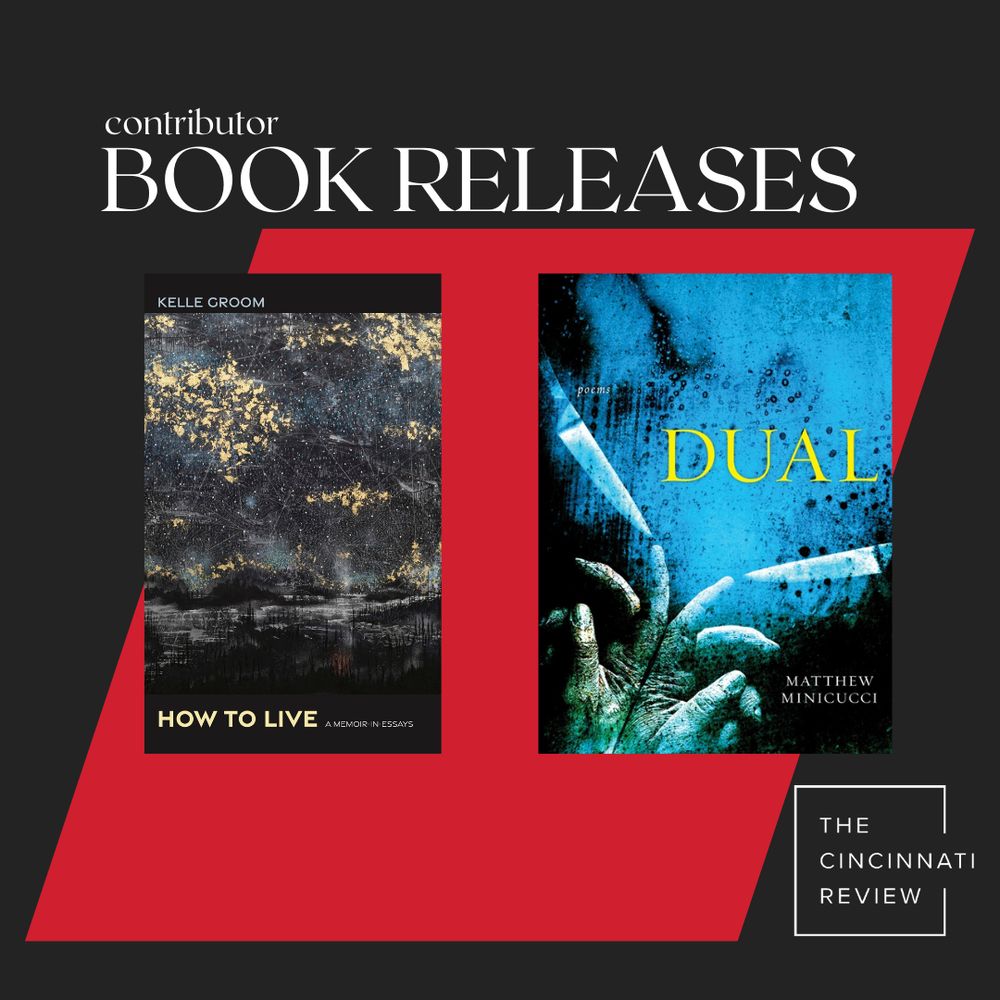 Book covers: HOW TO LIVE, an abstract water/skyscape in blacks, blues and golds on black; and DUAL: two elderly hands pressed back-to-back, pointer fingers extended, with a knife tip about to pierce each. Covers are displayed on CR's red-and-black background with "Contributor Book Releases" written in white serif font. CR logo in white at bottom corner.