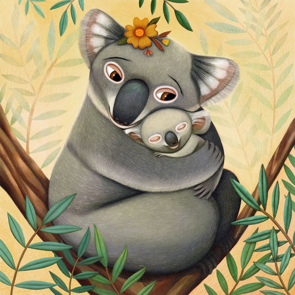 A baby and a mum koalas hugging on an eucalyptus tree.