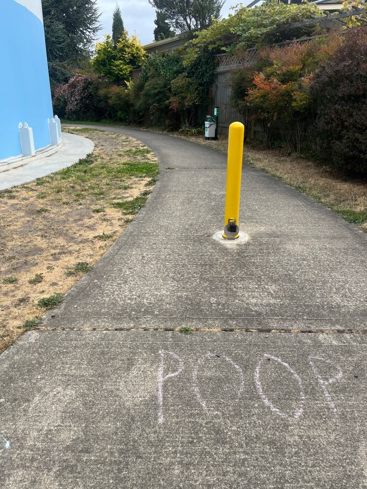 sidewalk chalk in front of a yellow bollard next to a blue water tower says POOP (an overflowing dog poop bag collection bin in the background - related??)