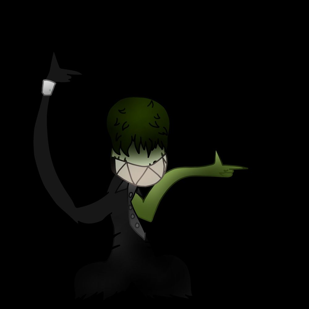 A green creature with hair covering its eyes wearing a suit of some kind and making the "finger guns" gesture ("Morin")
