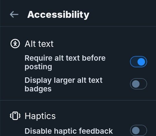 Screenshot of the Accessibility screen on Bluesky, showing the "Require alt text before posting" switch toggled on