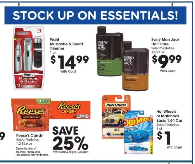 Grocery store ad saying "stock up on the essentials" over hair trimmer, Reese's candy, and matchbox cars