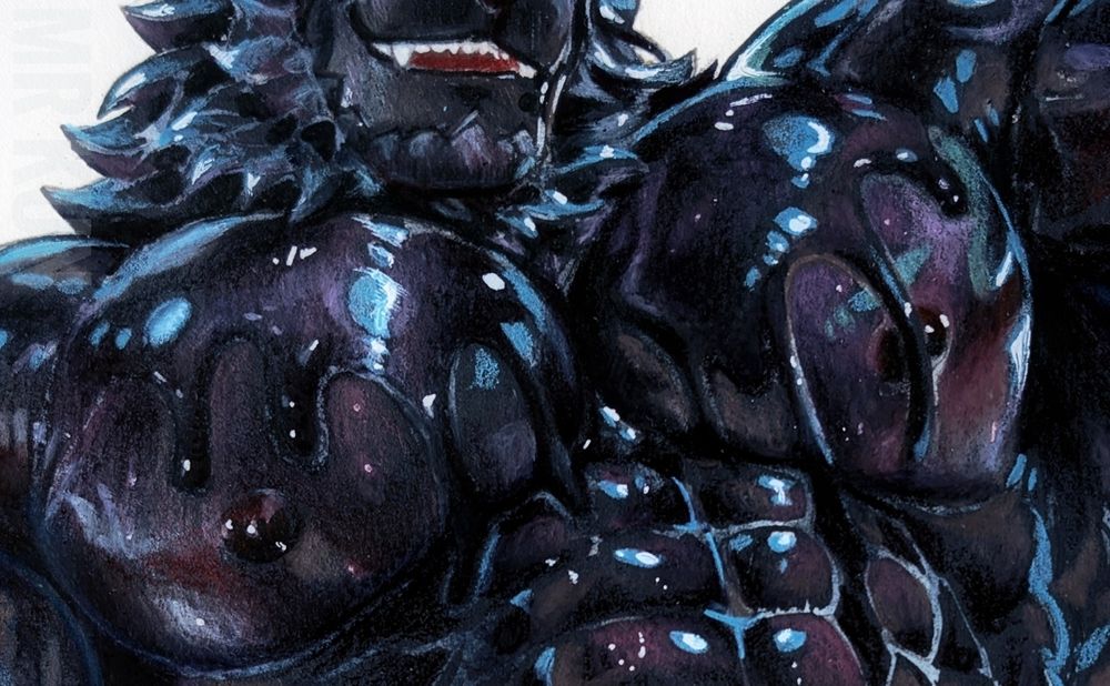 Close-up detail of a traditional illustration showing a gooey, muscular lion man. His glistening, dark skin reflects purple, blue, and indigo hues, with pronounced anatomy and high-contrast lighting emphasizing his chest and abs. His slightly open maw shows sharp teeth and a hint of a smug smile. The medium is colored pencil and acrylics.