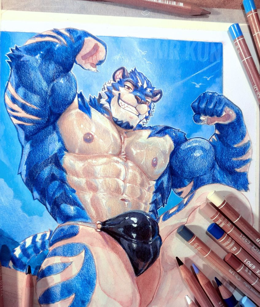 A vibrant, work-in-progress illustration of a muscular anthropomorphic tiger man posing confidently under a bright blue sky. The tiger has deep blue fur with lighter cream stripes and a thick, chiseled physique. He’s flexing both arms and grinning playfully at the viewer. His fur shines with subtle highlights, and he's wearing a glossy black thong that emphasizes his powerful build. The sky is clear with a few stylized clouds, and colored pencils are scattered around the edges of the artwork. The composition with the sky behind makes it look as if he's coming out of the frame