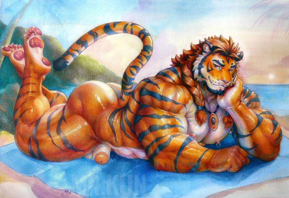 Naked and very muscular tiger man sitting on a blue towel at the beach at sunset. The drawing is a traditional painting made with color pencils and watercolors