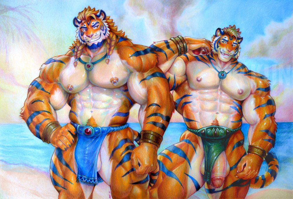 A vibrant colored pencil illustration of two muscular anthropomorphic tiger bros posing on a tropical beach at sunset. The older tiger, on the left, is broader and taller, wearing a blue jewel-adorned loincloth, gold jewelry, and sporting braided hair and nipple piercings. He stands proudly with a relaxed expression. The younger tiger, on the right, is slightly smaller but equally muscular, wearing a green jewel-accented loincloth that reveals his large penis. He grins playfully, bumping his arm on his brother’s shoulder. Both have vivid orange fur with dark blue stripes, glowing under the soft pastel tones of the beach background.
