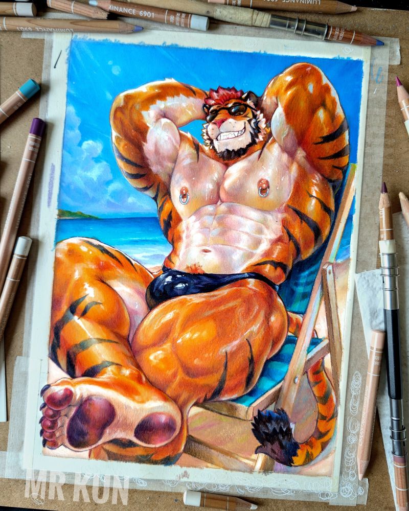 A traditional, handmade drawing of a muscular anthropomorphic tiger man lounging on a beach chair under a sunny sky. The tiger has striking orange fur with black stripes, wearing sunglasses and a tight black speedo. He's grinning confidently, arms behind his head, showcasing his broad chest, defined abs, and powerful thighs. One large paw is stretched toward the viewer, toes relaxed and padded in purples and pinks. The bright turquoise ocean and clear blue sky form a lively backdrop. Colored pencils are scattered around the artwork, emphasizing it's a physical drawing.