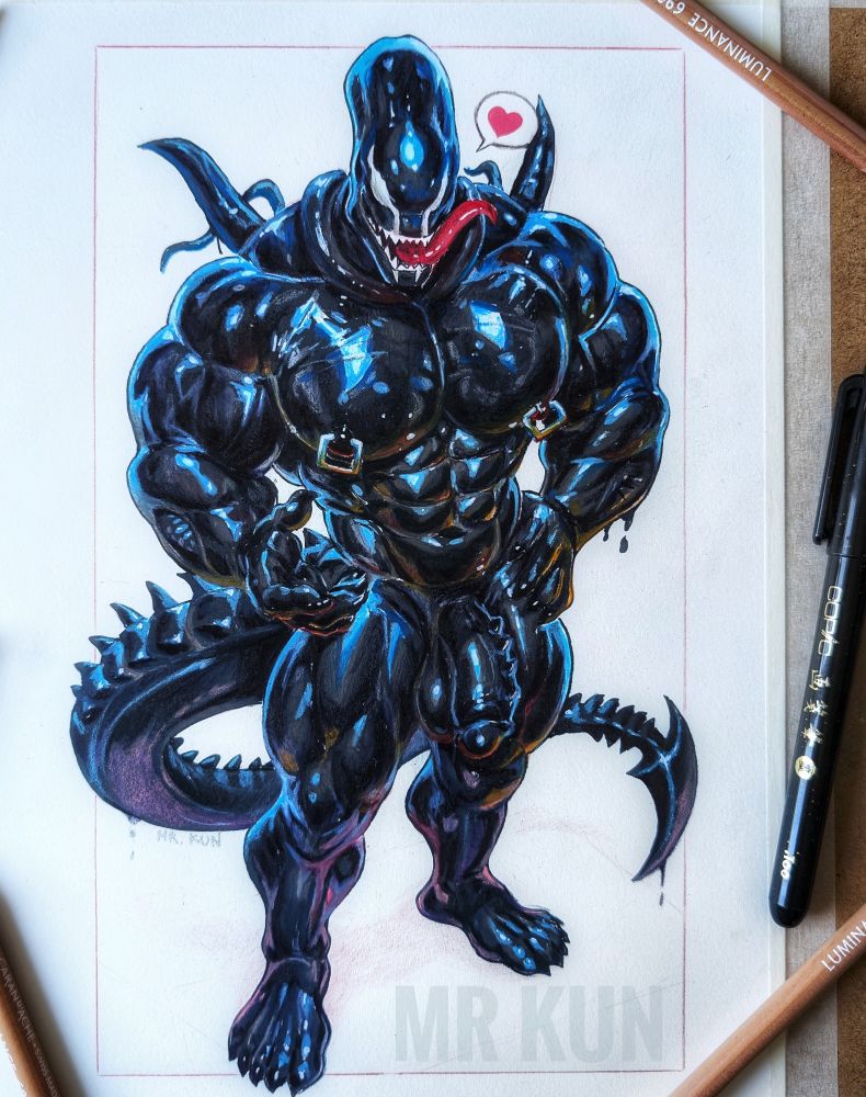Traditional marker and pencil drawing of a hyper-muscular, anthro Venomorph man. He's glossy, black, and drips with goo, standing in a dominant pose with claws on hips and a heart text bubble next to his head. His tongue sticks out playfully. His massive frame glistens with dramatic lighting. A thick, Xeno-like tail curls behind him, and spiked appendages sprout from his back. His black glossy genitals are visible between his legs. The paper is taped down, surrounded by pencils and markers.