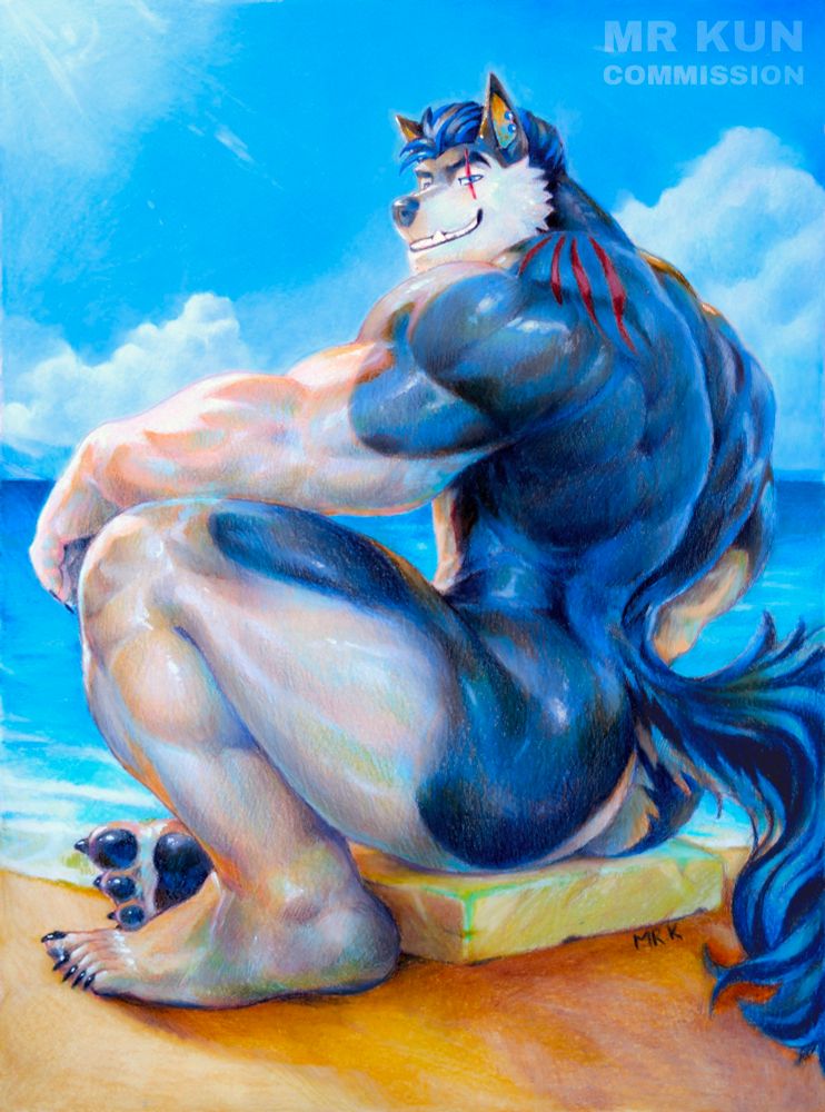 A colorful traditional artwork showing a muscular anthropomorphic wolf character sitting at the beach, turned to look over his shoulder with a confident, smug expression. His fur is mostly dark with lighter patches, and he has striking red marks on his shoulder and head. The sky is bright blue with scattered clouds.