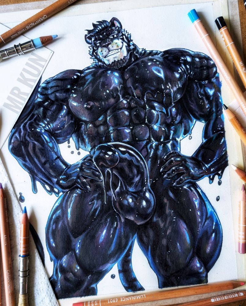A highly detailed traditional illustration of a muscular, anthro black tiger man, standing confidently with both hands on his hips. His body is glossy and wet, cause it's made by slick black goo, with highlights in deep blues and purples. His thick, defined muscles glisten with dripping liquid, especially around his chest, arms, and powerful thighs. The character has a confident grin and sharp teeth with a cocky attitude. His gooey, semi-translucent cock is prominently getting erect while oozing with drips. Colored pencils, such as Caran d’Ache Luminance, are scattered around the artwork, emphasizing the traditional media used. My watermark “MR KUN” is visible in the left corner. 