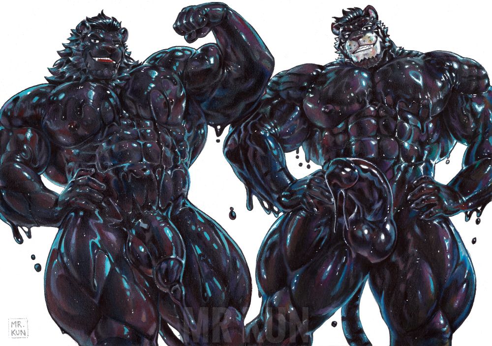 A traditional, color pencil illustration od two highly muscular anthropomorphic big cats, one lion and one tiger, standing side by side, made by a dripping, glossy black goo liquid that reflects highlights in blue and purple tones. The lion on the left flexes one arm and smiles with a confident expression, while the tiger on the right stands with hands on hips, grinning with a slightly more mischievous look. The style is highly detailed with strong shading and vibrant reflective effects