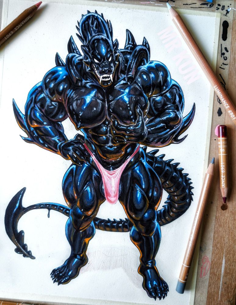 A traditional handmade illustration of a muscular Xenomorph - Sabertooth hybrid. His glossy, black body glistens with highlights of blue and orange. He is wearing a pink thong which barely covers him. One arm is squeezing his pec while he grins. Various color pencils are scattered on top of the drawing. 