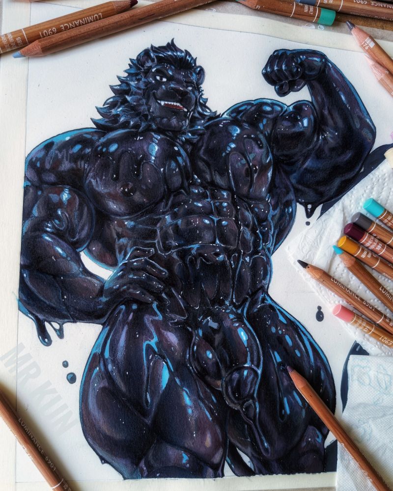 A traditional mixed media illustration of a hyper-muscular black goo lion man standing proudly with a confident smirk. His glossy, inky body glistens with deep purples and blues. He has a broad chest and bulging arms. He raises one arm in a flex while his other hand rests on his hip. His mane blends into the goo, and his lower body is fully exposed, featuring a detailed black gooey cock. The artwork is surrounded by several colored pencils and paper towels, which were some of the traditional tools used to create it.