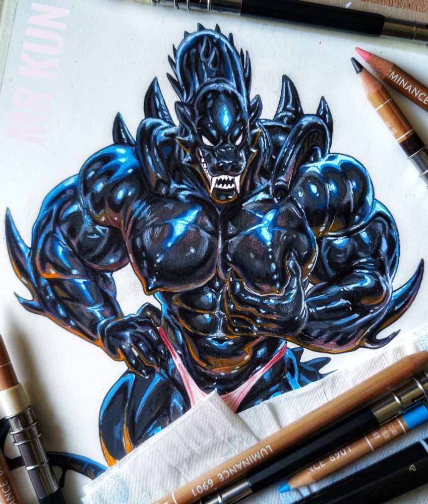 A colored pencil drawing of a hyper-muscular, anthropomorphic black Xenomorph-Sabertooth hybrid with glowing blue highlights and a monstrous snarl. The Xeno has sharp claws, spiked fins, and a slick, almost liquid-like sheen across his body. It wears only a pink thong, with its exaggerated physique and dramatic lighting commanding attention. Art tools like Caran d'Ache pencils and pencil extenders surround the drawing on paper towels. 