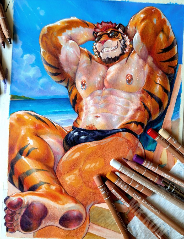 A traditional handmade painting of a muscular anthropomorphic tiger man wearing sunglasses and sitting cross-legged on a beach chair. He is showing off his armpits and his large foot. Various color pencils lay scattered around the drawing