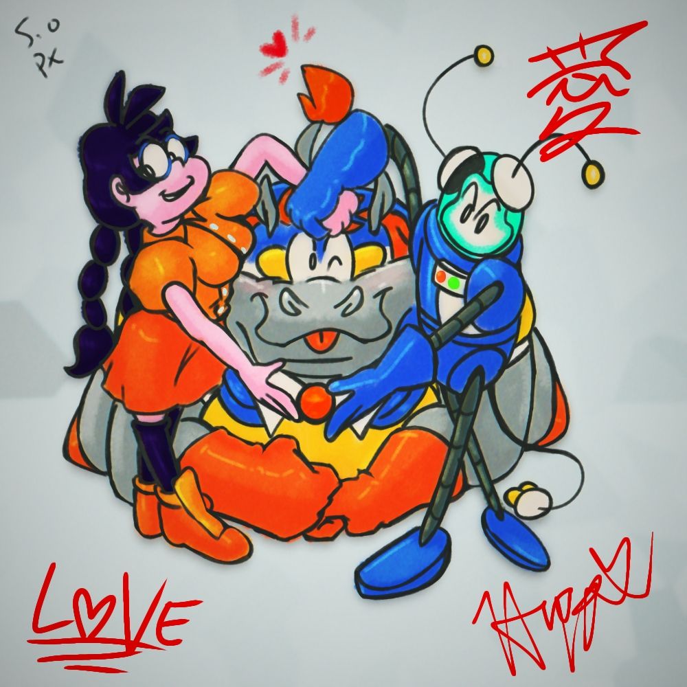 A group photo of my characters and Laurine and GoBotA-24, creating using their arms to create a heart while Heart Hippo's head pokes through it.

The image in response to this one is where i got the pose from.