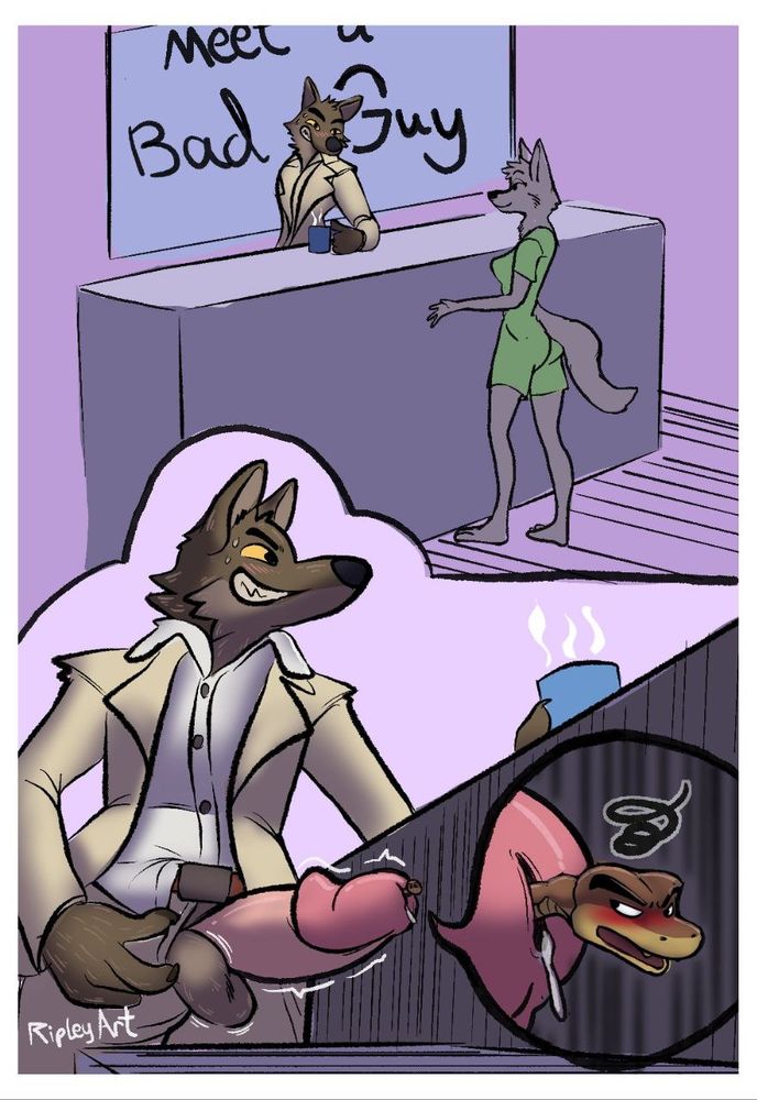 A 2 panel comic of The Bad Guys characters Mr Wolf and Snake. Wolf is behind a desk with a sign that says "meet a bad guy" as he smiles at a random female patron approaching to meet him. The 2nd panel shows that behind the desk Mr Wolf has his genitals pulled out of his suit, and shows a shrunken Snake stuffed inside his urethra secretly while a bubble magnified Snake to show his frustrated expression