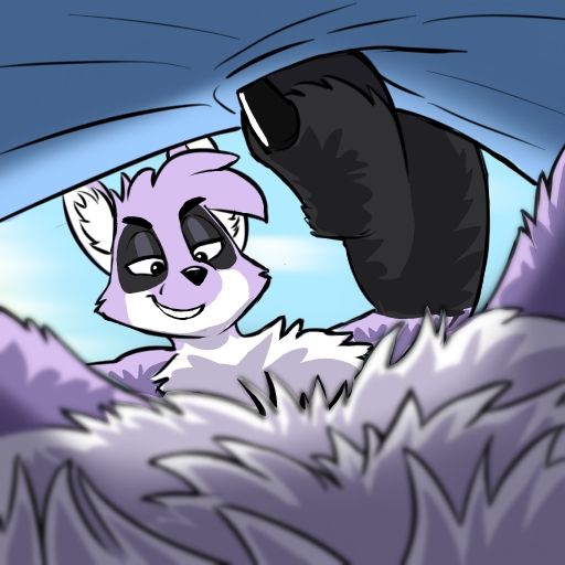 A digital drawing of a giant macro anthro furry foxcoon grinning while outstretching the waistband of their underwear and gazing down at the viewer. The viewer's perspective is positioned inside of the macro's underwear as the white belly fur is extremely close and out of focus.