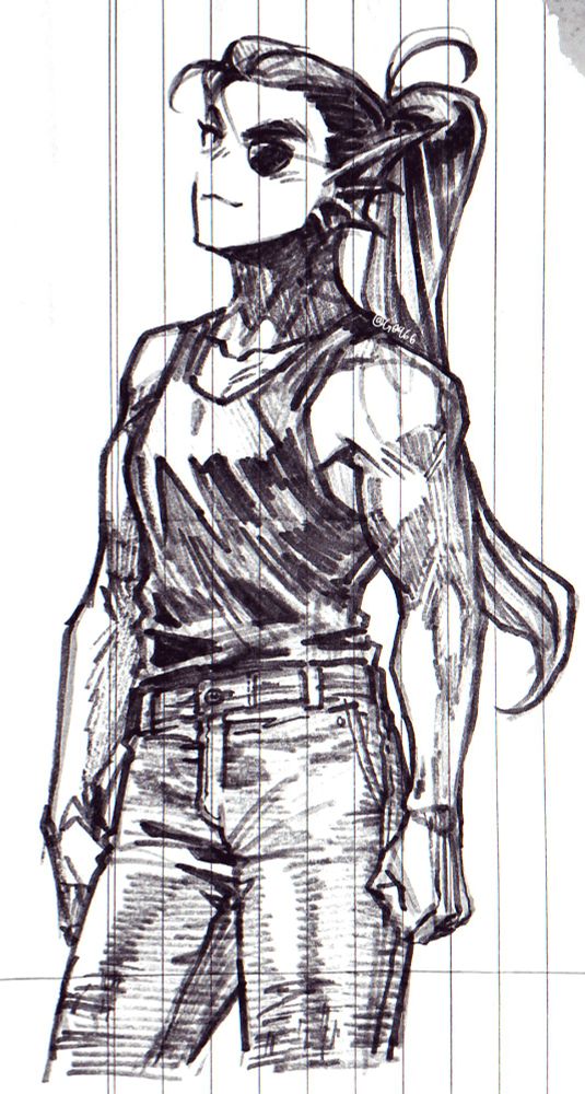 Undyne drawn with a marker on a ripped piece of lined paper.