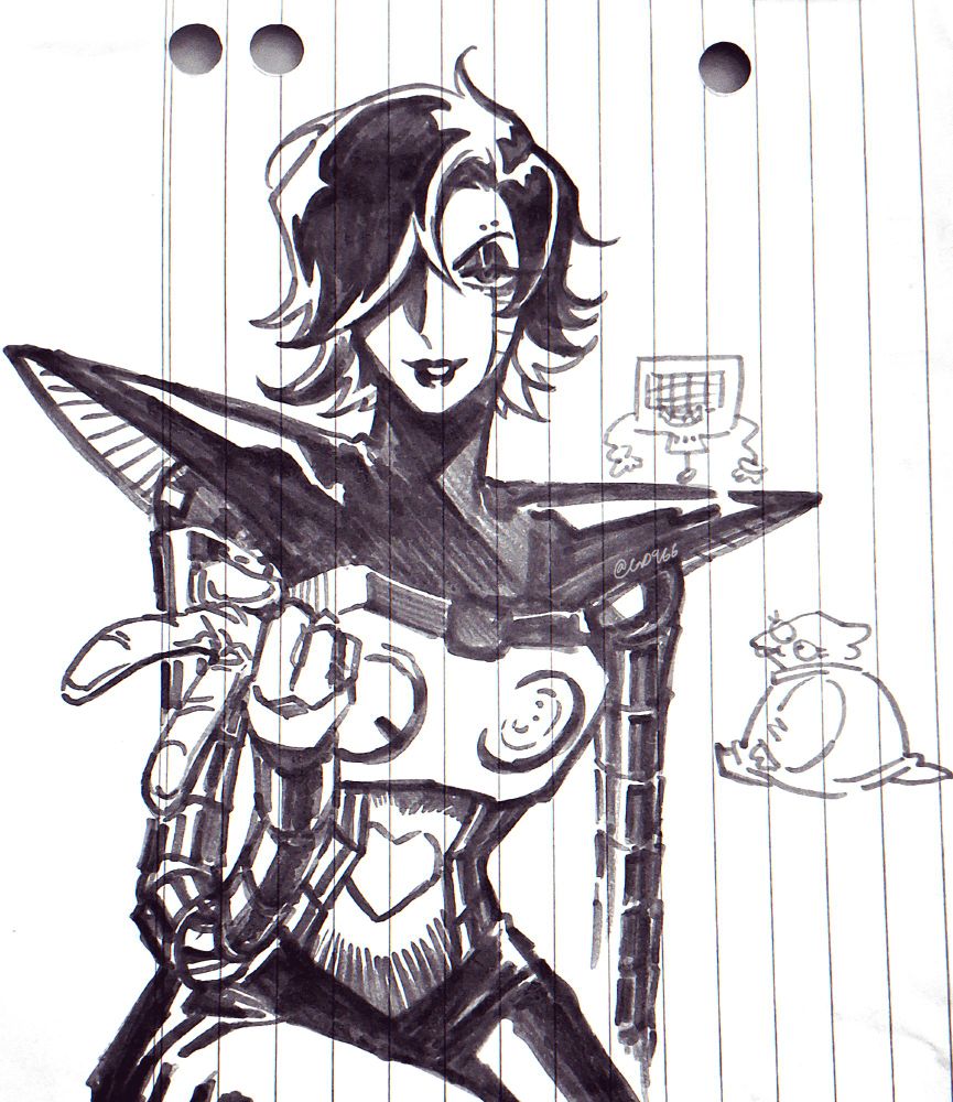 Mettaton EX drawn using a marker on a piece of lined paper. He's doing the gyaru peace hand sign.