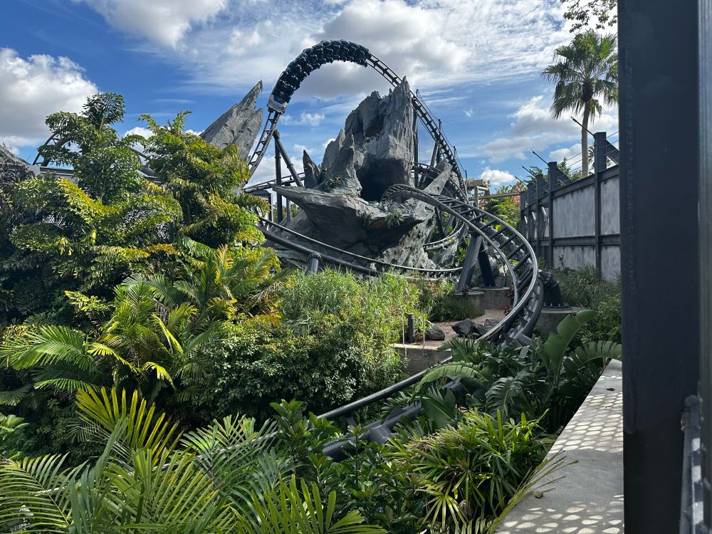 Jurassic world velocicoaster. A twisty rollercoaster that cuts through rocks and jungle theming.