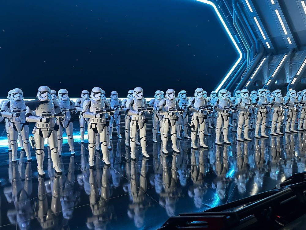 Hundreds of Star Wars Clone troopers lined up side to side inside of the Death Star. 