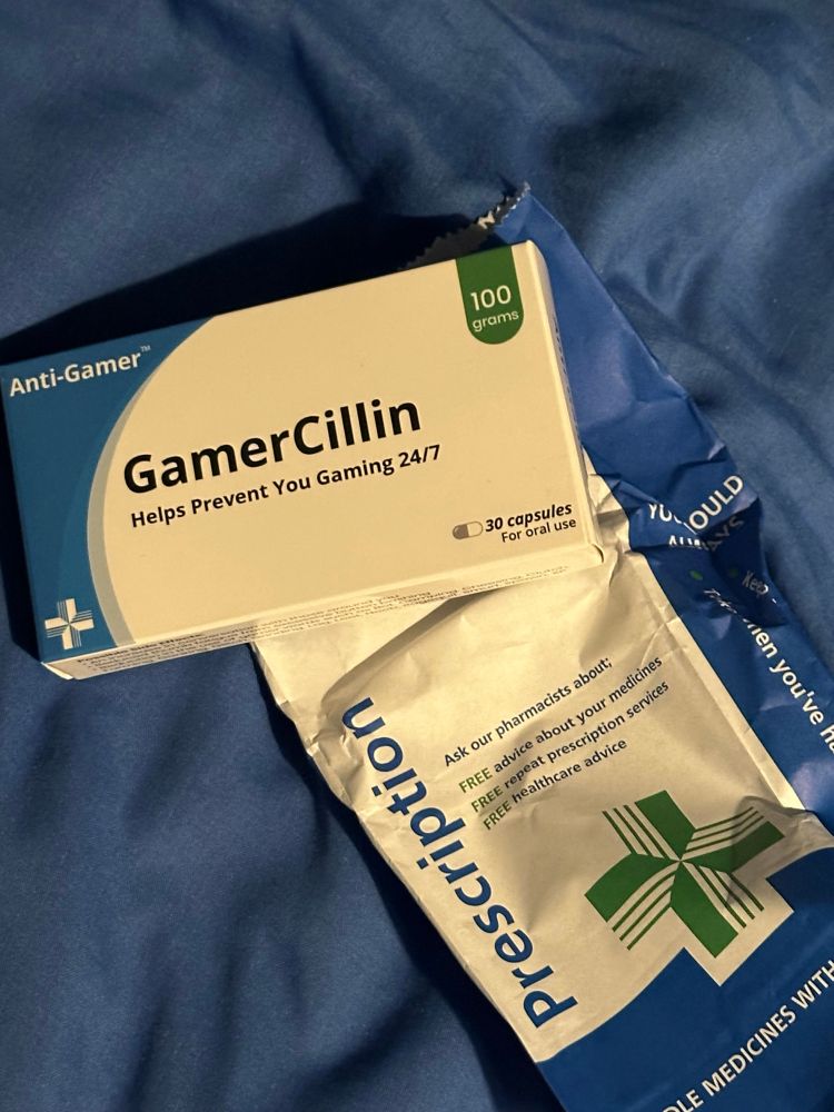 A box of GamerCillin anti-gaming capsules. Jellybeans disguised as prescription medicine 