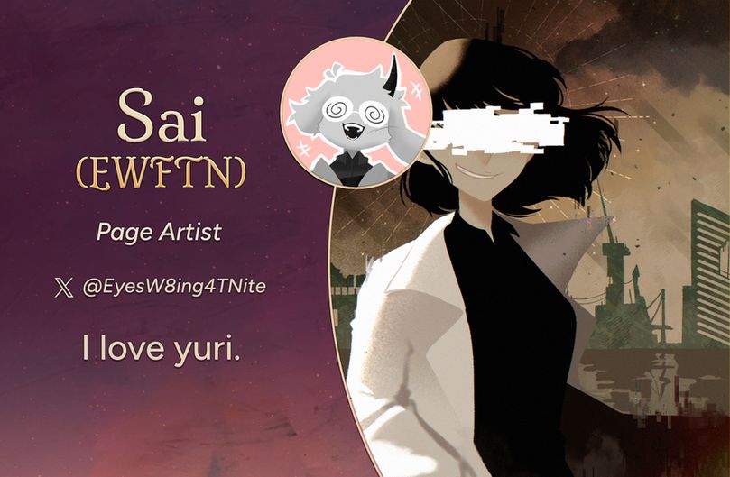 Text reads: Sai (EWFTN), Page Artist
Twitter: @EyesW8ing4TNite
Intro: I love yuri.
The art preview is of the character Han Sooyoung during the 1863rd round. She is smiling towards the viewer; her eyes are obscured with white static. A ruined city landscape stretches out behind her on the horizon.