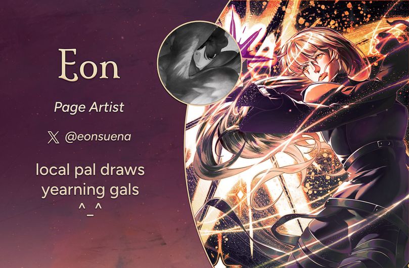 Text reads: Eon, Page Artist. 
Twitter: @eonsuena
Intro: local pal draws yearning gals ^_^
The art preview is of the character Yoo Sangah using her skill, Ariadne's Threads, with star-like bursts and explosions of light behind her. Yoo Sangah's expression is serious and focused.