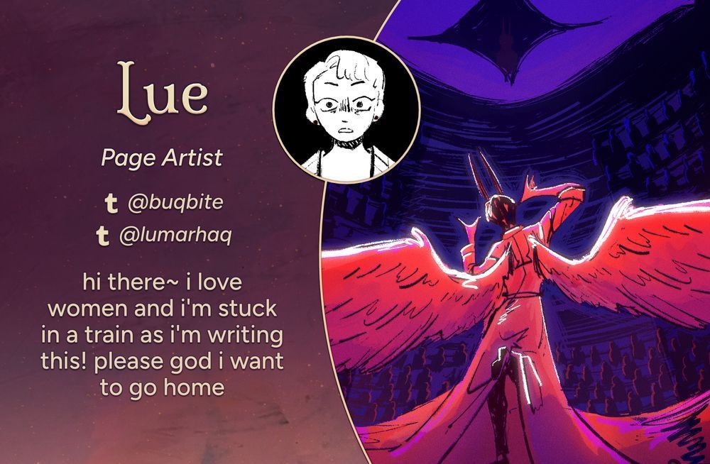 Text reads: Lue, Page Artist
Tumblr: @buqbite
Tumblr: @lumarhaq
Intro: hi there~ i love women and i’m stuck in a train as i’m writing this! please god i want to go home
The art preview is of the character Kim Dokja in his Demon King of Salvation form. He is rendered in shades of red against a purple background, with a dark star hanging above him. Kim Dokja’s wings are outstretched, one leg kicked up behind him, and his hands reach out in front.