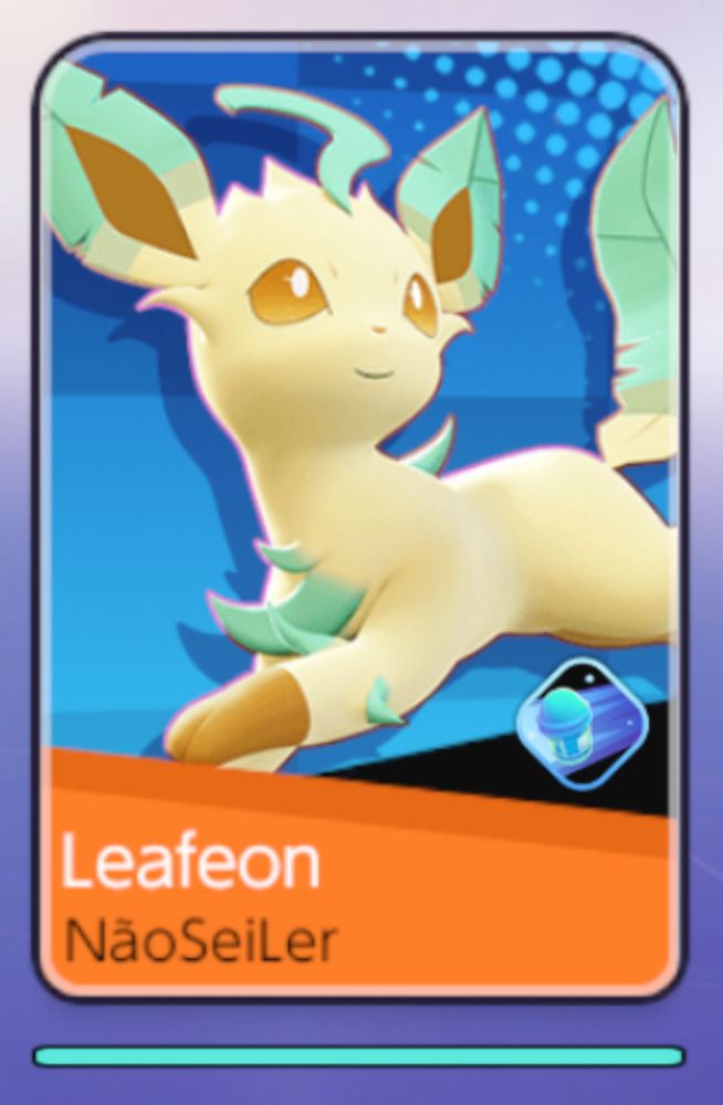Print da tela de carregamento de batalha do Pokemon Unite que mostra os Pokémons dos times e os nomes dos usuários. No print está recortado apenas o usuário “NãoSeiLer” e o Pokemon escolhido é o Leafeon com um sorriso bobo na cara
