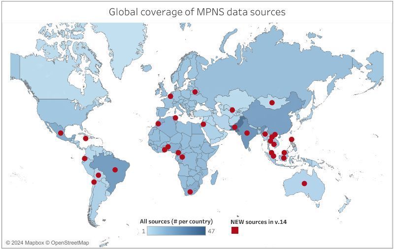 Graphic of a world map showing the global coverage of MPNS data sources