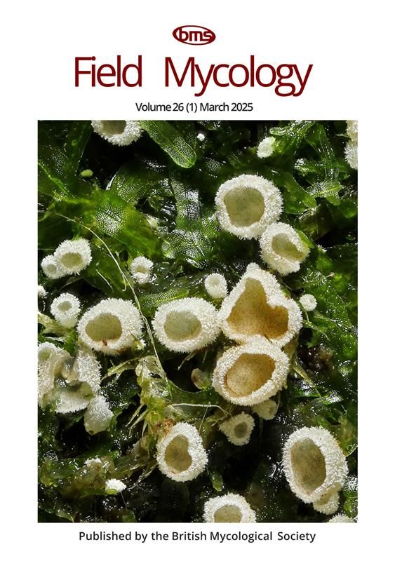 Image of the front cover of Field Mycology with the BMS logo at the top, the title "Field Mycology" in crimson below it, and a large photo of a cream-coloured cyphelloid fungus growing among glistening moist liverworts.
