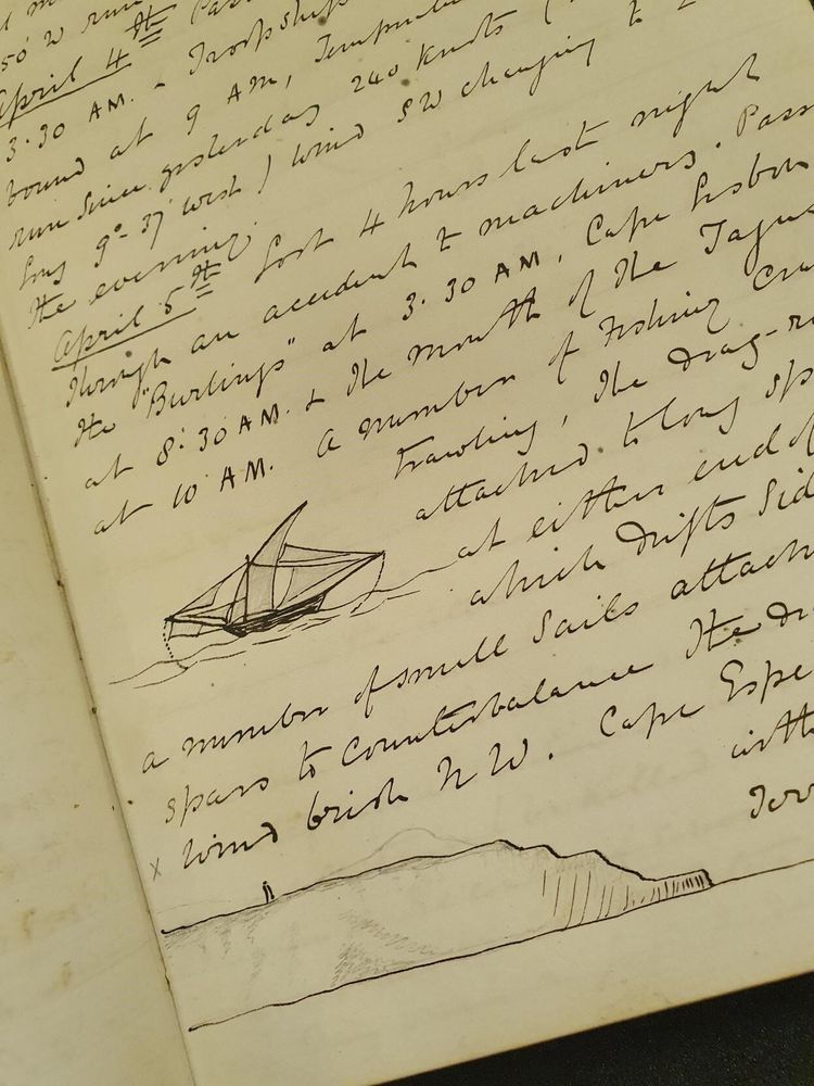 A handwritten journal entry in a bound volume, dated 5th April, detailing a journey by boat. There is a small sketch of a boat and its sails at sea, as well as a sketch of a coastal cliff edge. 
