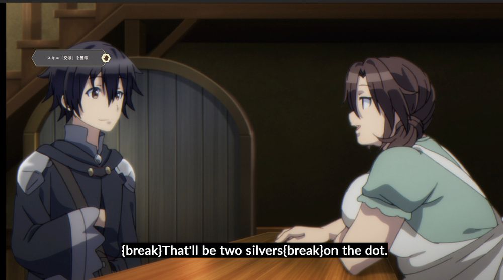 Guy at bar ordering something from bar maid with text "{break}That'lls be two silvers{break}on the dot."